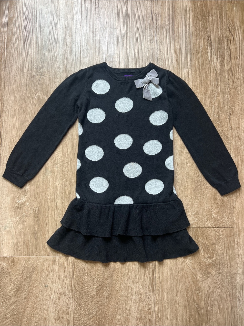 Jenni Girls Black Knit Polka Dot Sweater Dress With Gray Bow & Ruffles Size 6